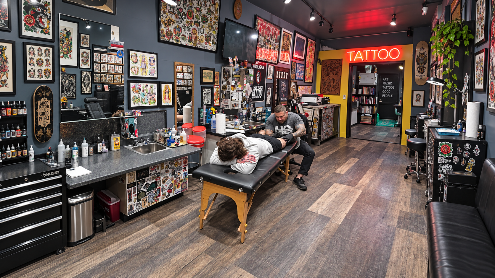 Inside Hard Times Tattoo during a session